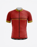 Red cycling jersey with yellow accents on a white background