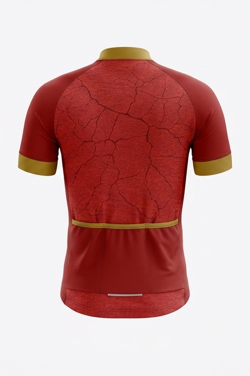 Red cycling jersey with yellow accents on a white background