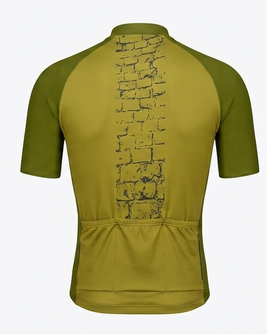 Green cycling jersey with short sleeves on a white background