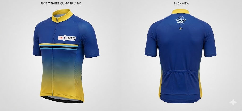 Blue and yellow cycling jersey shown from front three-quarter and back views on a white background.